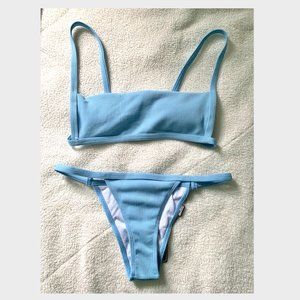 Zaful - Ribbed Hook String Bikini Set - Light Blue